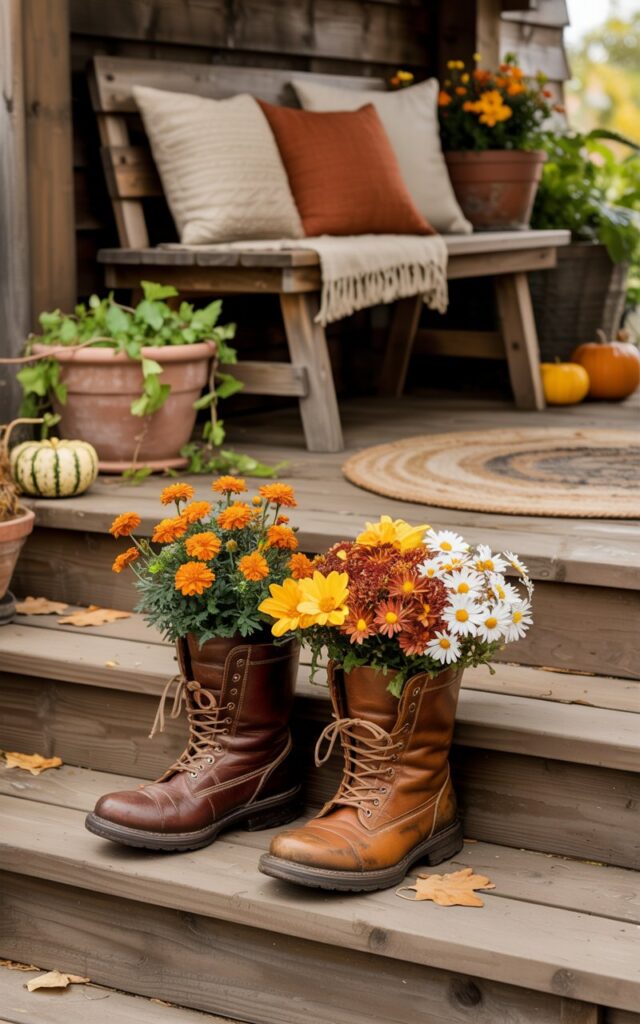 A photograph of a charming rustic porch decorated for autumn, featuring two weathered brown leather boots repurposed as creative planters sitting on wide wooden steps. The vintage boots overflow with vibrant orange marigolds, golden yellow mums, and white daisies, their colorful blooms spilling naturally over the worn leather edges. The scene includes a simple wooden bench adorned with cream and rust-colored throw pillows, a woven jute rug with geometric patterns, and terracotta pots filled with trailing ivy and small pumpkins. Soft, warm daylight filters through overhead beams, casting gentle shadows that emphasize the rich wood grain and create a cozy, inviting autumn atmosphere.