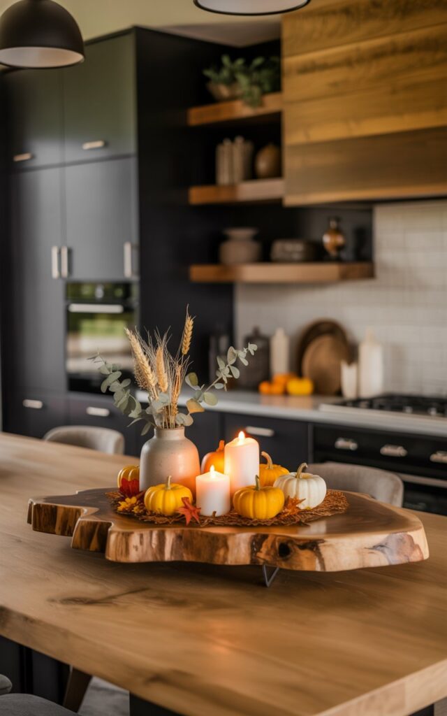 A close-up photograph of a chunky wooden centerpiece board with an organic, live-edge shape sitting on a modern rustic kitchen island. The weathered wood displays rich grain patterns and natural imperfections, topped with carefully arranged fall décor including flickering pillar candles, miniature orange pumpkins, and a small ceramic vase holding dried wheat stalks and eucalyptus. The surrounding kitchen features sleek black cabinetry contrasted with warm natural wood elements, while stone countertops and industrial black pendant lights create depth in the softly blurred background. Warm ambient lighting casts gentle shadows across the textured surfaces, emphasizing the cozy yet sophisticated atmosphere of this perfectly balanced modern farmhouse aesthetic.