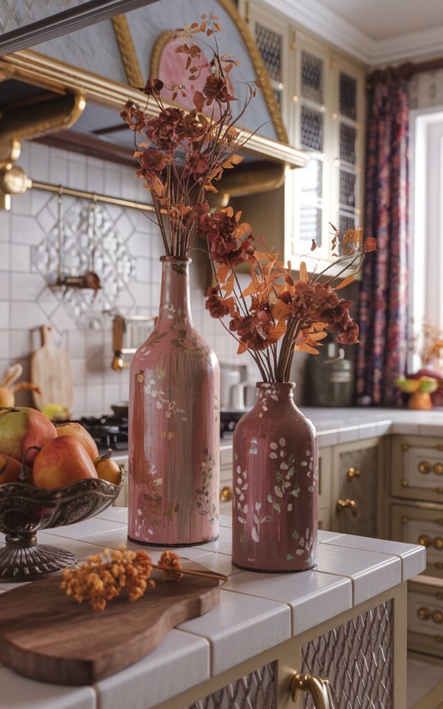 A photo of a fully furnished kitchen with a cottagecore and glam style. There are two old glass bottles painted in muted fall colors with subtle patterns. The bottles are filled with dried flowers and twigs. They are placed on a kitchen counter alongside a fruit bowl and a small cutting board. The kitchen has gold accents, tiles, and a unique patterned backsplash. The scene is illuminated by soft natural light, highlighting the textures of the painted bottles and dried botanicals. The atmosphere is cozy, nostalgic, and richly detailed, with a realistic depth and warmth.