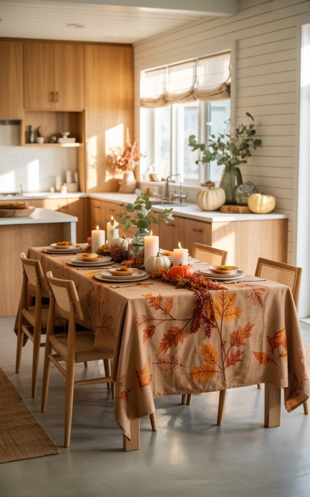 A photograph of a California coastal-style dining area seamlessly connected to a modern kitchen, showcasing light oak wood finishes and an airy, open layout. The dining table is draped with an earthy-toned linen featuring autumn leaf patterns in burnt orange and deep amber, surrounded by elegantly plated seasonal dishes and neatly arranged woven dining chairs. Small decorative pumpkins in cream and terracotta hues, flickering pillar candles, and sprigs of eucalyptus and maple leaves create subtle fall accents throughout the space. Natural sunlight streams through windows with sheer curtains, illuminating the white shiplap walls and casting warm shadows across polished concrete floors with area rugs, while coastal elements like driftwood bowls and sea glass vases maintain the relaxed, sophisticated atmosphere.