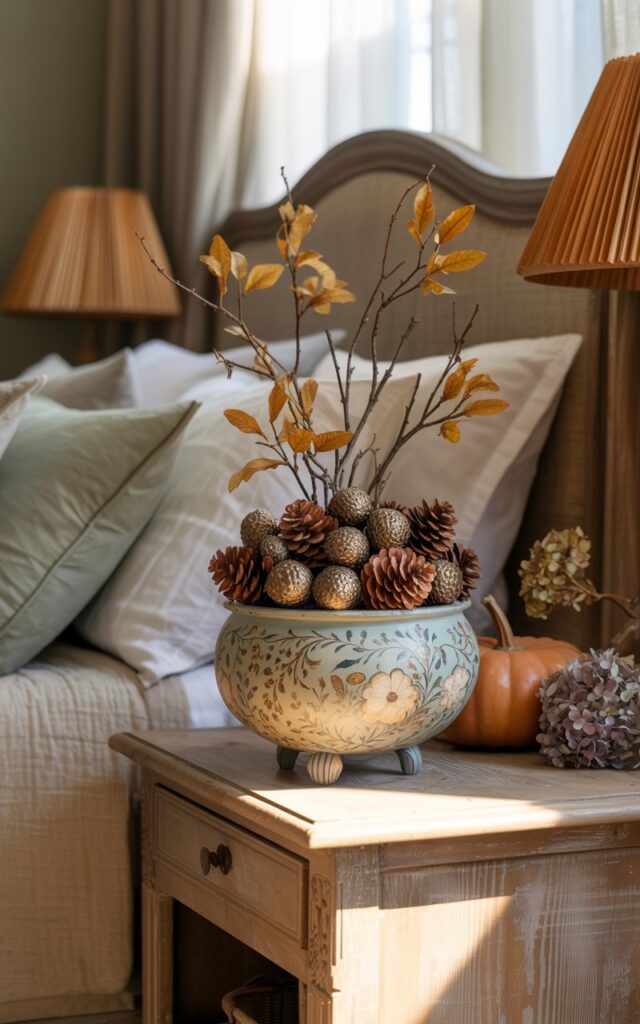 A photograph of a French country-style bedroom showcasing an intricately hand-painted wooden bowl as the centerpiece, positioned on a weathered oak side table beside the bed. The small decorative bowl features delicate floral motifs in muted powder blues and cream tones, filled with an artful arrangement of glossy mahogany pinecones, textured bronze acorns, and slender branches adorned with golden amber autumn leaves. The surrounding bedroom displays a plush linen bed layered with cream and sage green textiles, vintage brass bedside lamps with pleated fabric shades, and charming fall accents including a small burnt orange pumpkin and clusters of dried hydrangeas in soft lavender hues. Gentle morning light filters through gauzy white curtains, casting delicate shadows that highlight the bowl's painted details and create a warm, inviting atmosphere of rustic French elegance.