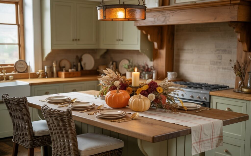 A photograph of a charming English countryside kitchen featuring a rustic wooden central island elegantly styled for autumn. The island displays a beautiful fall centerpiece with two weathered orange pumpkins, a single flickering pillar candle, and arrangements of dried wheat stalks and burgundy chrysanthemums, all arranged atop a cream-colored linen runner with subtle plaid patterns. Vintage ceramic plates in warm cream tones are stacked alongside antique brass cutlery, while two woven wicker bar stools with linen cushions are positioned invitingly at the island's edge. Above, a wrought iron pendant light with amber glass casts a golden glow across the scene, illuminating the soft sage green cabinetry, exposed oak beams, and stone backsplash that complete this cozy countryside sanctuary.