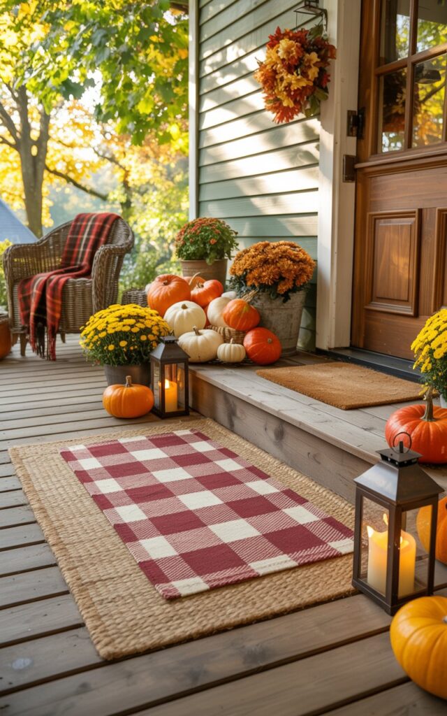 A photograph of a charming farmhouse porch adorned with autumn decorations, showcasing a layered doormat arrangement where a bold burgundy and cream plaid doormat sits perfectly centered over a larger natural jute rug. The wooden front door is flanked by an abundance of orange and white pumpkins of various sizes, vibrant yellow and rust-colored potted mums, while rustic black metal lanterns with flickering LED candles cast a warm amber glow beside the painted wooden steps. A cozy red plaid throw is draped invitingly over a wicker armchair tucked into the corner, completing the seasonal display. Golden afternoon sunlight filters through the canopy of maple and oak leaves overhead, creating dappled light patterns that dance across the weathered wooden planks and enhance the porch's inviting, lived-in farmhouse charm.