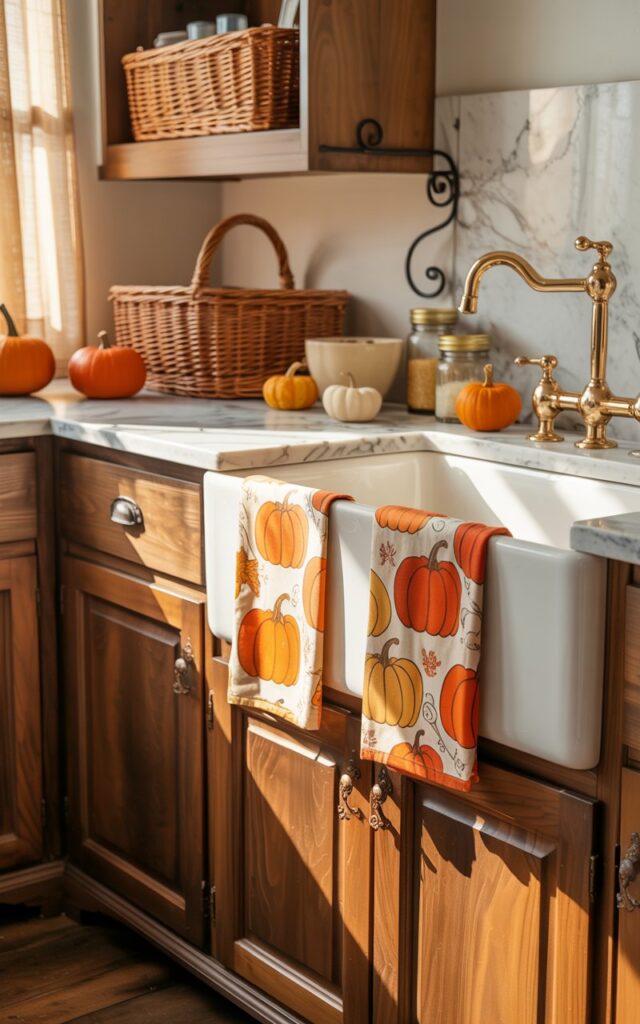 A photograph of a rustic farmhouse kitchen featuring rich walnut-colored wooden cabinets adorned with vintage brass hardware and elegant natural marble countertops with subtle gray veining. Two cheerful pumpkin-print kitchen towels in vibrant orange and cream patterns hang from a black wrought iron towel holder beside a pristine white farmhouse sink, their playful autumn motifs adding seasonal charm to the space. Woven wicker baskets rest on open wooden shelving, while small orange and ivory mini pumpkins are artfully scattered across the marble surfaces alongside a cream-colored ceramic bowl and vintage mason jars with zinc lids. Soft golden sunlight filters through delicate sheer curtains, casting warm honeyed shadows that dance across the textured stone surfaces and illuminate the brass fixtures, creating an inviting and perfectly curated seasonal atmosphere.