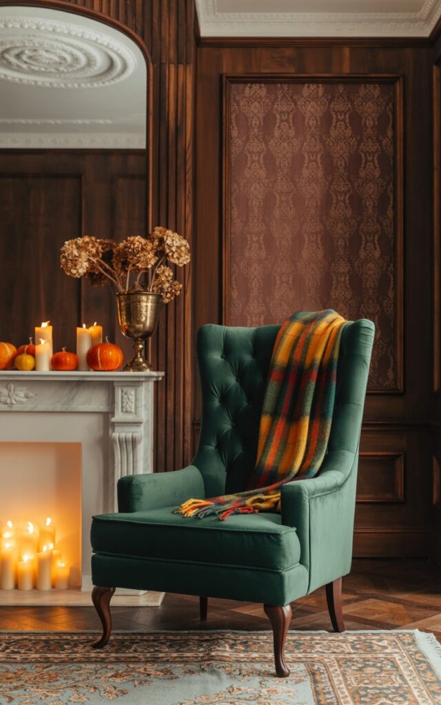 A photograph of an elegantly appointed modern Victorian living room centered around a luxurious deep emerald velvet accent chair with button-tufted upholstery and curved mahogany legs, positioned beside a softly glowing white marble fireplace. A cozy plaid wool scarf in warm autumn hues of rust orange, golden yellow, and forest green is casually draped over the chair's high back, creating an inviting textural contrast against the rich velvet. The room showcases ornate architectural details including elaborate white crown molding, dark walnut wainscoting, and an intricate plaster ceiling medallion, while burgundy damask wallpaper and a sparkling crystal chandelier add layers of Victorian grandeur. The marble mantel displays small orange pumpkins and tall ivory pillar candles with gentle flames, complemented by dried hydrangeas in antique brass vases and an ornate Persian area rug, all bathed in the warm golden glow of flickering firelight that dances across the sophisticated surfaces.