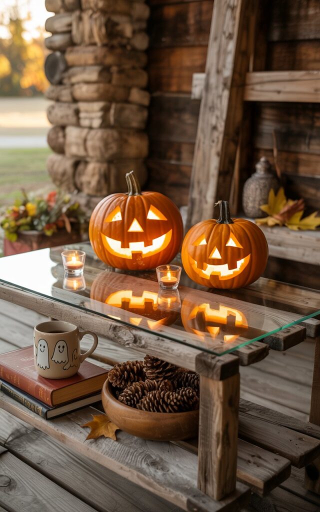 A rustic wooden porch featuring a glass-top coffee table made from reclaimed barn wood, adorned with two glowing jack-o'-lantern pumpkins carved with cheerful triangular eyes and crooked smiles. The carved pumpkins emit a warm amber glow from flickering tea lights within, casting dancing shadows across the weathered wood surface alongside a ceramic coffee mug decorated with playful ghost silhouettes, a wooden bowl filled with glossy brown pinecones, and a leather-bound book with autumn leaves tucked between its pages. The porch backdrop reveals exposed stone pillars and rough-hewn wooden beams, while soft golden hour sunlight filters through, creating a cozy atmosphere that perfectly blends Halloween whimsy with rustic fall charm.