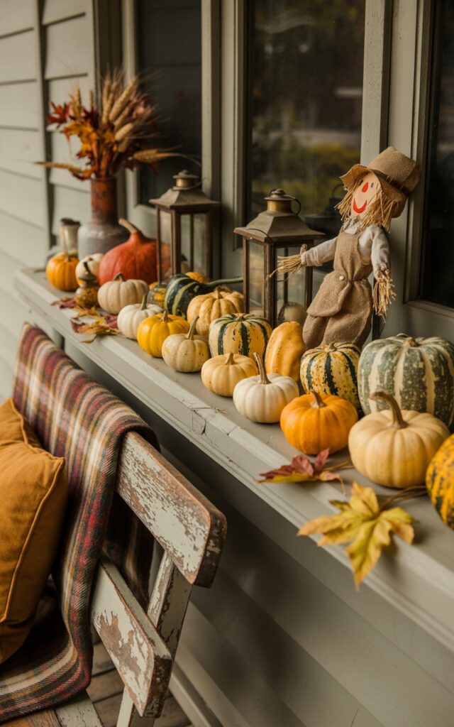 A cozy vignette photograph of a traditional wooden porch decorated for autumn, featuring weathered white trim and classic architectural details. Along the window sill, an artfully arranged collection of small gourds in warm amber, cream, and sage green hues sits alongside miniature orange pumpkins, a charming burlap scarecrow figure, vintage brass lanterns, and sprigs of dried wheat and maple leaves. A rustic wooden bench with peeling paint rests nearby, adorned with a plaid wool blanket in burgundy and gold. Soft golden afternoon light filters through the scene, casting gentle shadows that highlight the rich textures of the gourds' ridged surfaces and the rustic charm of the seasonal display.