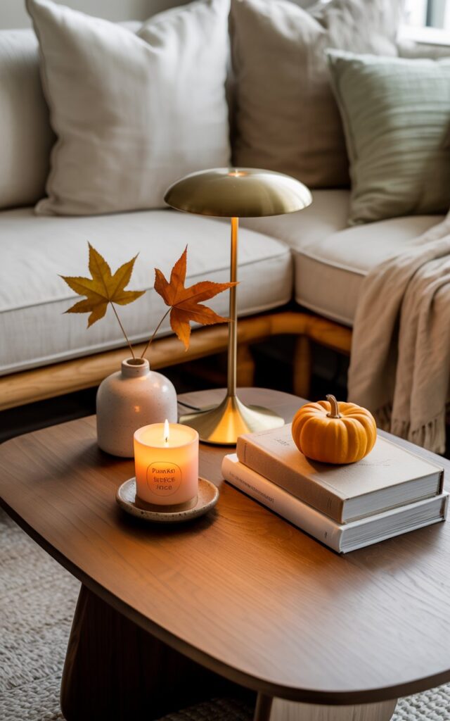 A vignette photograph of a coffee table in a serene Japandi-style living room, featuring clean lines and natural materials with subtle fall styling. On the smooth walnut table surface, a glowing "Pumpkin Spice" candle in a simple ceramic holder sits beside a carefully arranged stack of linen-bound books topped with a miniature orange pumpkin. A sleek brass table lamp with a warm white shade casts gentle ambient light across the scene, while a small ceramic vase holds a few dried maple leaves in muted amber tones. The surrounding space showcases cream-colored linen cushions, light oak furniture, and soft wool throws in oatmeal and sage green, creating a harmonious blend of Scandinavian minimalism and Japanese simplicity with cozy autumn warmth.