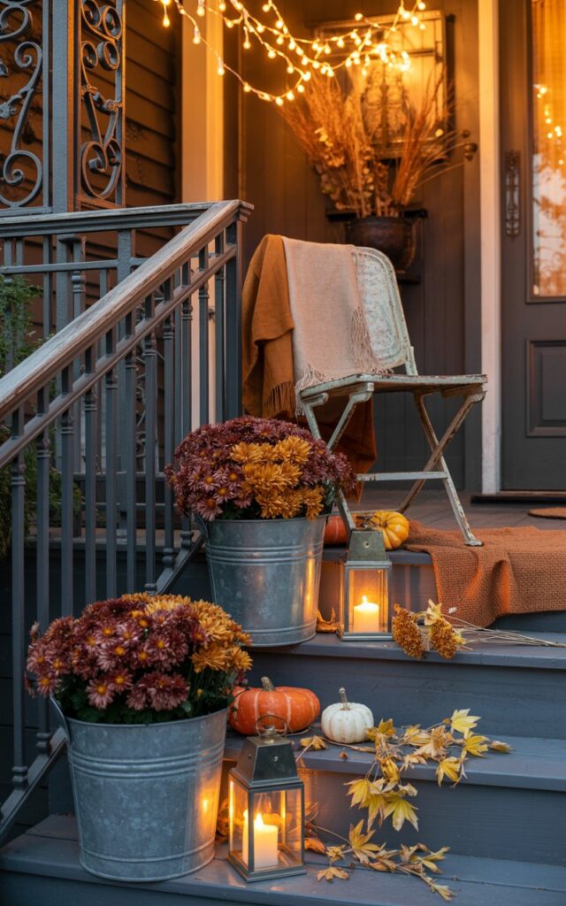 A vintage-chic house porch photographed at night, bathed in the warm amber glow of delicate string lights draped overhead and glowing lanterns positioned strategically around the space. Galvanized silver and matte black metal buckets serve as elegant planters, overflowing with rich burgundy and deep orange chrysanthemums that cascade gently near the weathered wooden steps. The porch showcases ornate wrought iron railings, a petite bistro chair with worn patina, layered cream and rust-colored textiles, scattered rustic pumpkins, flickering pillar candles, and sprays of dried wheat and maple branches. The soft illumination creates intimate pools of golden light against deep autumn shadows, evoking a welcoming sanctuary perfect for crisp fall evenings.