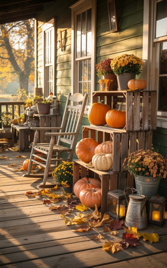 A vintage rustic photograph of a charming farmhouse porch bathed in warm morning sunlight on a crisp fall day. Weathered wooden crates are artfully stacked in tiers, displaying an array of orange and cream pumpkins alongside small potted chrysanthemums and autumn plants, their textures rich with age and character. The porch features distressed wooden planks, a classic rocking chair with peeling paint, vintage enamelware pieces, and glowing lanterns nestled among scattered amber and crimson leaves. Golden morning light streams across the scene, casting gentle shadows and creating a nostalgic, cozy atmosphere that captures the essence of early autumn.
