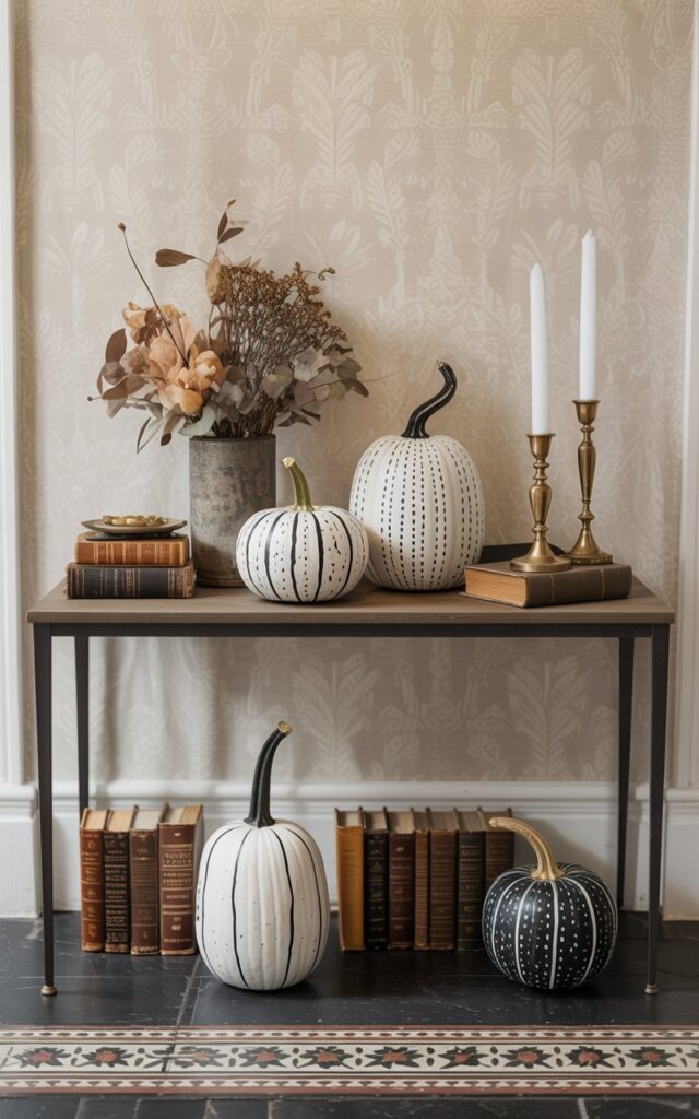 A vintage-style entryway featuring a console table where 3–4 pumpkins are painted white and black with pattern, stripes, dots or a combination of both for a modern, chic aesthetic. The pumpkins are arranged alongside vintage décor pieces such as old books, brass candle holders, and a small vase with dried flowers. wallpaper wall, floor has bright patterned runner. There is contrast of modern-painted pumpkins with the vintage textures, creating a stylish and seasonal autumn display.