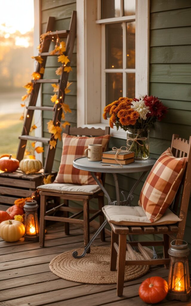 A photograph of a charming vintage porch decorated for autumn, featuring a cozy coffee corner with weathered wood planks and classic white columns. A small wrought-iron bistro table holds a steaming ceramic mug, a leather-bound book stack tied with twine, and a mason jar filled with burnt orange marigolds and deep red chrysanthemums, while two vintage wooden chairs with buffalo plaid cushions in warm rust and cream tones flank the intimate setting. A rustic wooden ladder leans against the porch railing, draped with garlands of golden maple leaves and twinkling warm white fairy lights, surrounded by scattered orange and cream pumpkins, glowing hurricane lanterns, and a braided jute rug beneath the table. Soft golden morning sunlight streams across the scene at a gentle angle, casting long shadows and illuminating the rich textures of aged wood, cozy fabrics, and autumn foliage in a palette of amber, burgundy, and warm cream tones.