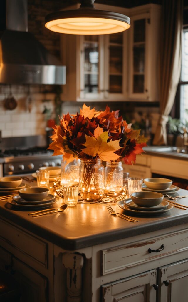 A vintage-style kitchen photograph captured at night, featuring a fully furnished central island bathed in the warm, golden glow of pendant lights hanging overhead. At the center of the island, 2-3 mason jars filled with vibrant amber, crimson, and burnt orange maple leaves create a stunning focal point, surrounded by other fall décor accents and twinkling warm string lights that cast a gentle sparkle across the scene. The surrounding dining elements—ceramic plates, antique silver cutlery, and seasonal table settings—fade into a soft blur, drawing attention to the luminous centerpiece while distressed wood cabinetry with aged brass hardware frames the composition. Deep shadows dance across the weathered surfaces, creating a nostalgic autumn evening atmosphere that feels both cozy and timelessly inviting.