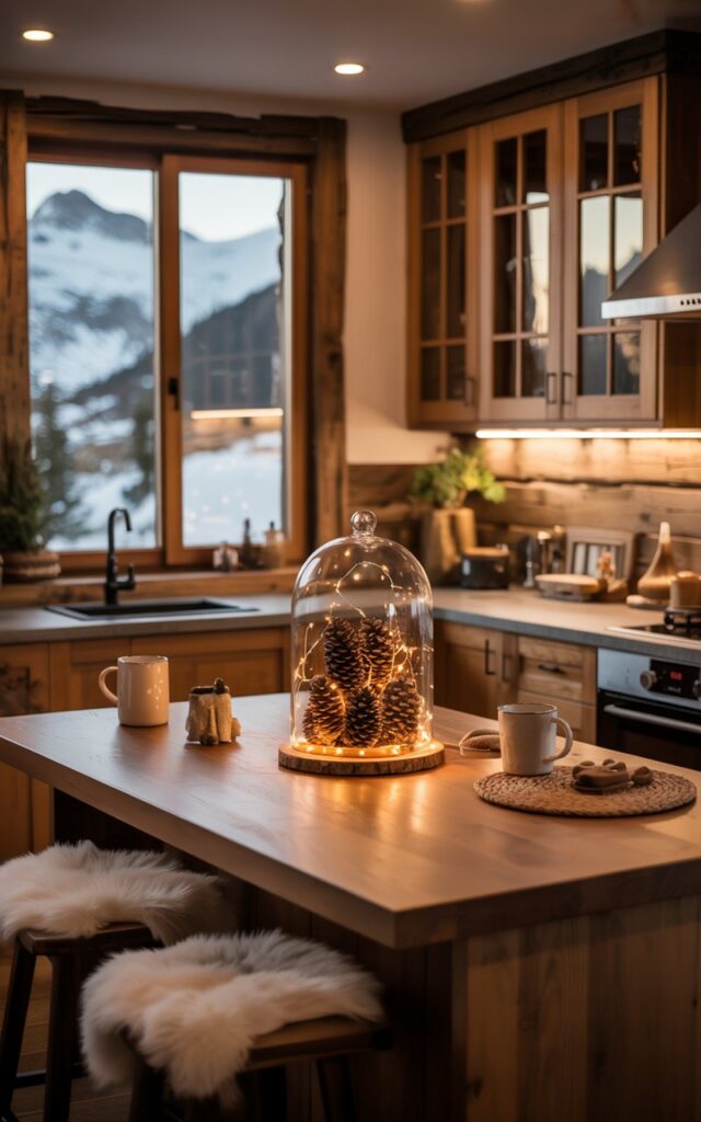 A photograph of an Alpine chic kitchen at nighttime, centered around a fully furnished island that serves as the cozy heart of the space. The island features a glass cloche filled with natural pinecones and warm fairy lights, glowing softly like a tiny mountain lantern against the rich wood surface. Natural wood cabinetry pairs beautifully with stone countertops and matte black fixtures, while fur-accented stools, ceramic mugs, and woven textures add layers of rustic sophistication. Through large windows, snowy alpine scenery creates a stunning backdrop, with soft ambient lighting throughout the space enhancing the warm, luxurious mountain retreat atmosphere perfect for fall-winter evenings.