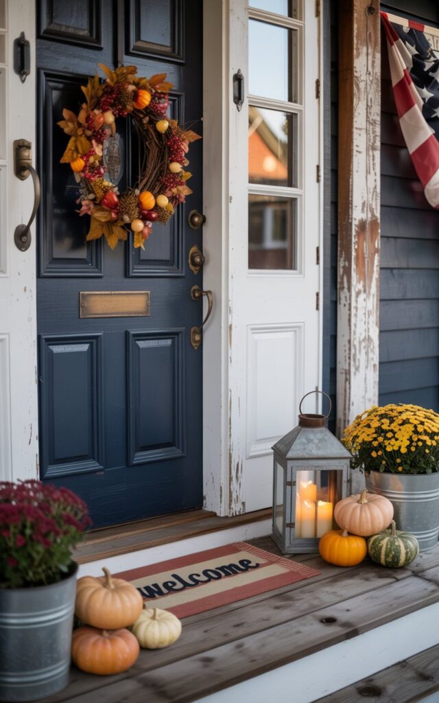 A photograph of a charming Americana-style front porch featuring a classic wooden door painted in deep navy blue with vintage brass hardware and an elegant fall wreath of amber leaves, crimson berries, and miniature orange pumpkins. The weathered wooden porch boards are adorned with subtle autumn touches: a rustic "Welcome" doormat in muted red and cream stripes, several small heirloom pumpkins in soft orange and sage green clustered near a vintage galvanized lantern with warm LED candles. The scene combines classic Americana elements like distressed white wooden columns and a faded American flag bunting with chic modern accents, including sleek planters with seasonal mums in rich burgundy and golden yellow. Soft afternoon sunlight filters through, casting gentle shadows and highlighting the warm, inviting textures of this perfectly curated fall entryway.