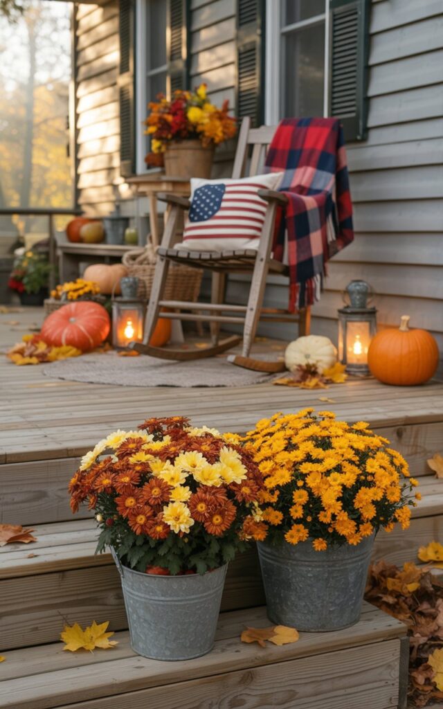 A photograph of a charming Americana-style flat house with a wraparound wooden deck porch decorated for autumn harvest season. Two small galvanized metal buckets near the front steps overflow with vibrant chrysanthemums and golden marigolds, their warm amber and rust colors creating a striking contrast against the weathered wood planks. The porch is adorned with classic Americana touches including a wooden rocking chair draped with a red and navy plaid throw blanket, a vintage flag motif pillow, scattered orange pumpkins of varying sizes, glowing lanterns, and autumn leaves in shades of copper and gold. Soft evening sunlight filters through the scene, casting long shadows and bathing everything in a warm, nostalgic golden hour glow that enhances the cozy harvest atmosphere.