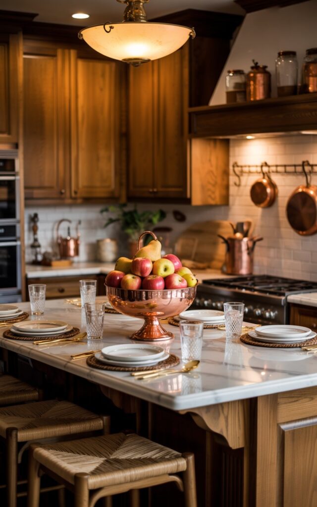 A warm, inviting photograph of an Americana-style kitchen at night, centered around a fully furnished marble island glowing under the soft amber light of a vintage pendant fixture. At the heart of the island sits an elegant copper designer bowl brimming with fresh crimson apples and golden pears, creating a vibrant autumnal centerpiece surrounded by carefully arranged white ceramic plates, polished silverware, and crystal glasses. Wooden bar stools with woven rush seats are tucked neatly under the island's overhang, while rich oak cabinetry with brass hardware lines the walls, accented by rustic mason jar lighting and vintage copper pots hanging from wrought iron hooks. The scene radiates cozy sophistication with warm honey-toned wood grains, the gentle gleam of marble veining, and subtle shadows dancing across weathered brick backsplash tiles.
