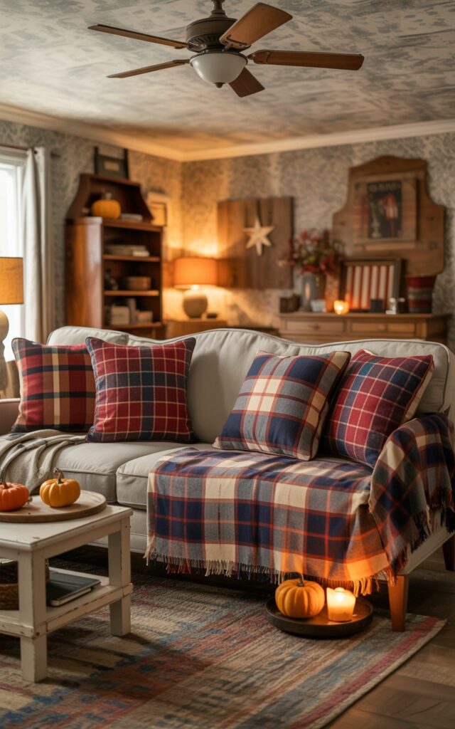 A warm and inviting Americana-style living room photograph showcasing a comfortable sofa adorned with classic red, navy, and cream plaid throw pillows that replace brighter summer accents. The ceiling features subtle patterned wallpaper with vintage-inspired motifs and a traditional wooden ceiling fan as the centerpiece, while rustic oak furniture pieces and vintage americana décor create an authentic nostalgic atmosphere. A textured braided rug in earthy tones anchors the seating area, complemented by small patriotic touches like a wooden star wall accent and a subtle flag motif on a side table. Soft amber lighting from table lamps illuminates scattered fall elements including small orange pumpkins and flickering candles, while layered wool throws and linen textiles complete the cozy, welcoming autumn ambiance.