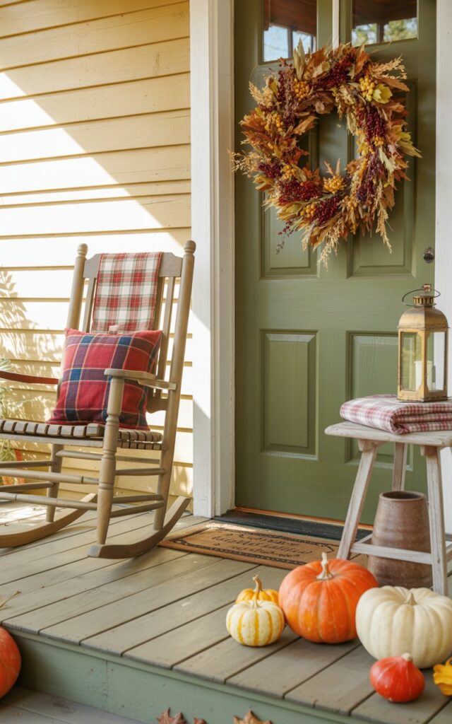 A photograph of a charming Americana-style front porch decorated for autumn, featuring weathered wooden flooring painted in warm cream with a classic rocking chair adorned with red and navy plaid cushions. A beautifully textured fall wreath made of dried oak leaves, golden wheat stalks, and deep burgundy berries hangs prominently on the sage green front door, while orange and white pumpkins of varying sizes are artfully arranged on the wooden steps alongside cream-colored gourds. A rustic wooden side table holds a vintage brass lantern, and subtle red, white, and muted blue accents appear in small decorative elements like a folded quilt and ceramic pottery. Soft morning sunlight filters through nearby trees, casting gentle shadows across the porch and highlighting the rich textures of the autumn decorations, creating a cozy and inviting seasonal atmosphere.
