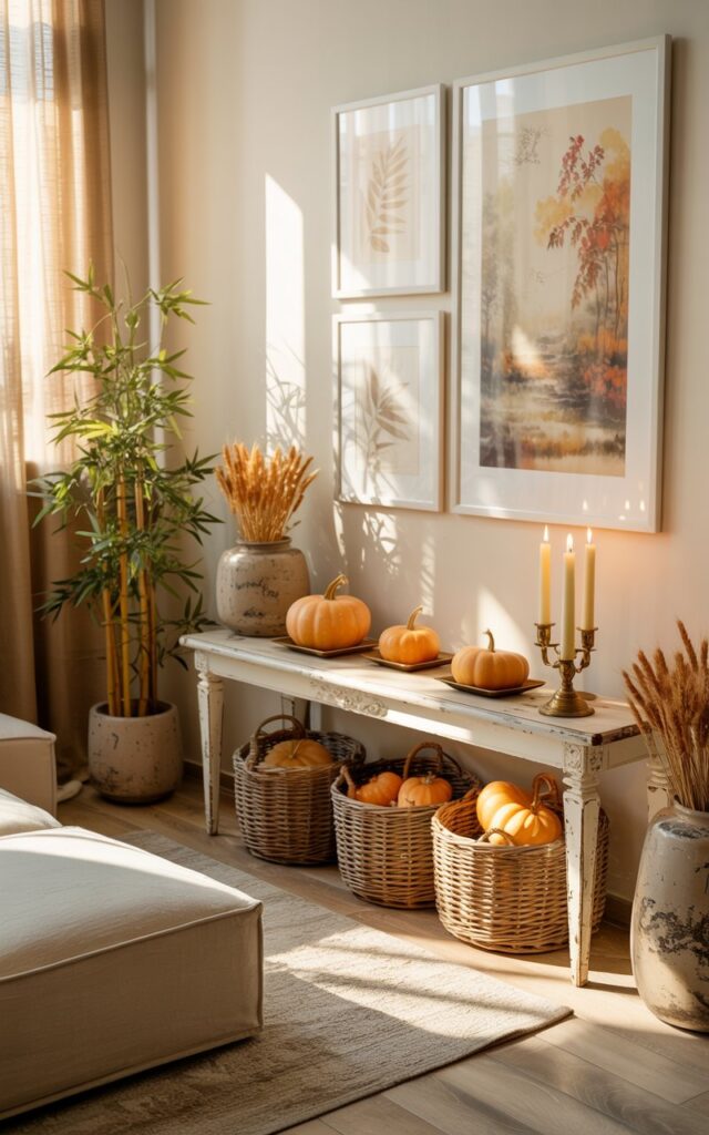 A serene living room interior blending Asian Zen minimalism with shabby chic charm, featuring warm autumn décor and soft natural lighting. A weathered white console table sits against a cream-colored wall, symmetrically arranged with small orange pumpkins, flickering cream candles in vintage brass holders, and woven rattan baskets filled with dried wheat stalks. Above the console, three framed botanical prints showcase delicate leaf sketches and moody watercolor autumn landscapes in muted gold and rust tones. The space is furnished with a low linen sofa in oatmeal fabric, distressed light oak flooring, potted bamboo plants in ceramic planters, and sheer curtains filtering golden afternoon sunlight that casts gentle shadows across the peaceful, cozy interior.