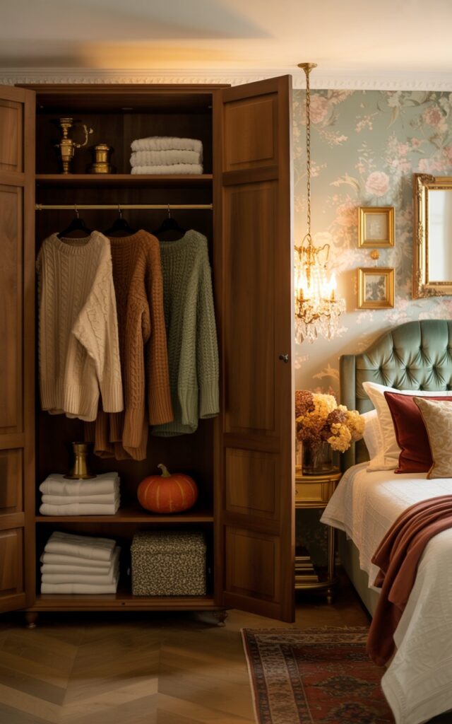 A luxurious English countryside bedroom featuring elegant glam styling with soft, warm lighting that bathes the space in a golden glow. An open walnut wardrobe displays a carefully arranged collection of chunky knit sweaters in cream, rust, and sage green alongside plush ivory towels, creating an inviting autumnal vignette. The room showcases a tufted velvet headboard in deep emerald, vintage brass fixtures, and delicate floral wallpaper, complemented by crystal chandelier accents and gold picture frames. Cozy cashmere throw pillows in burgundy and gold rest atop a Persian rug, while a small orange pumpkin and dried hydrangeas on the nightstand complete the sophisticated seasonal atmosphere.