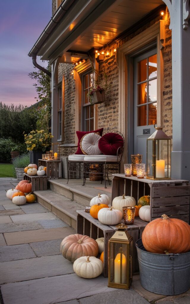 A photograph of an elegant English countryside porch at dusk, featuring a stunning blend of rustic charm and glamorous styling. The stone and timber porch is adorned with carefully arranged clusters of pumpkins in varying sizes—from tiny white gourds to large burnt orange specimens—displayed on weathered wooden crates and vintage galvanized buckets alongside the wide stone steps. Plush velvet cushions in deep burgundy and cream rest on wrought iron seating, while brass lanterns with flickering LED candles cast warm golden pools of light across polished copper accents and mercury glass votives. The twilight sky creates a soft purple backdrop as ambient string lights draped along the porch beams illuminate the scene with a magical glow, perfectly balancing countryside authenticity with sophisticated glamour.