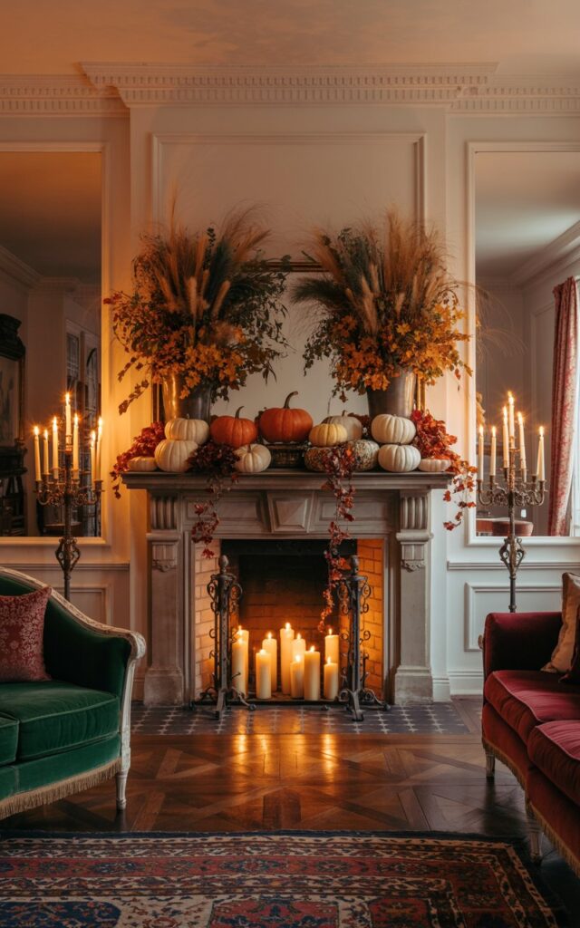 A photograph of an elegant English countryside living room with glamorous styling, featuring ornate crown molding, rich velvet furnishings in deep emerald and burgundy, and polished hardwood floors with Persian rugs. The focal point is a grand stone fireplace mantel decorated symmetrically for fall, with matching arrangements of orange and white pumpkins, cascading autumn foliage in amber and crimson, and clusters of dried wheat stalks on each side. At the center and flanking the arrangements, tall black wrought-iron candlesticks hold flickering candles, their gothic silhouettes creating dramatic contrast against the refined décor. Warm ambient lighting from crystal sconces and the soft glow of candlelight bathes the room in golden hues, while vintage brass accents and luxurious textures create an atmosphere that is both sophisticatedly cozy and hauntingly beautiful.