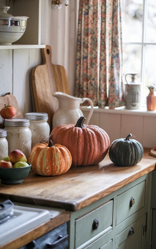 A photo of a cozy English countryside kitchen with a rustic vibe. The kitchen has a wooden countertop, vintage cabinetry, and a few essential items. There are three vintage pumpkins in burnt orange, muted cream, and deep green, of varying sizes and shapes, arranged on the countertop. Surrounding the pumpkins are a ceramic pitcher, mason jars, a small bowl of apples, and a cutting board. Soft natural light streams through a window with floral curtains, highlighting the warm, inviting textures. The scene feels charming, nostalgic, and perfect for autumn.