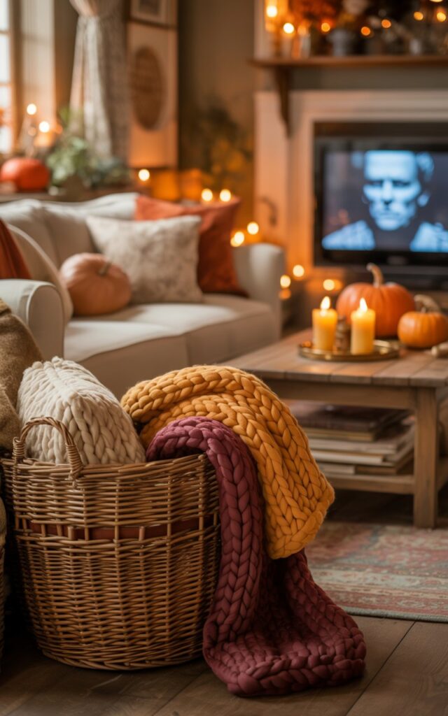 A cozy English countryside living room bathed in warm, golden lighting that highlights its rustic charm and autumnal decorations. A large woven wicker basket overflows with chunky knit blankets in cream, burnt orange, and deep burgundy, positioned beside a plush cream-colored sofa adorned with textured throw pillows. The room features rich wooden furniture including a coffee table displaying small orange pumpkins and flickering amber candles, while a soft wool area rug in muted earth tones anchors the seating area. In the background, a television glows with the eerie blue light of a classic horror film, creating gentle contrast against the warm candlelight and subtle Halloween atmosphere that permeates this inviting countryside retreat.