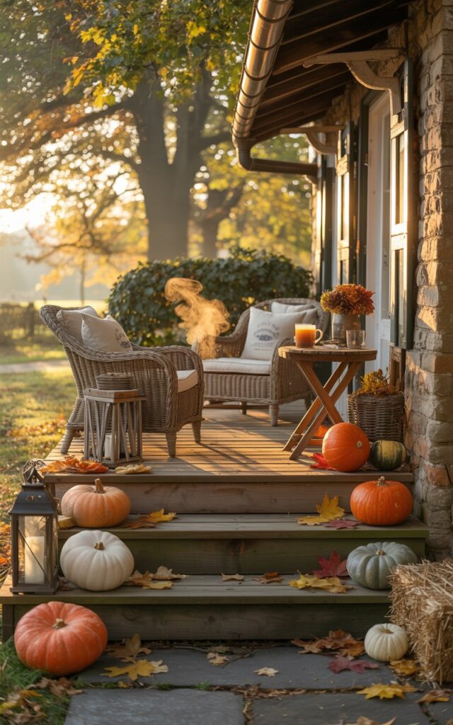 A photograph of an English countryside-style house porch at dawn, beautifully furnished and decorated for autumn with charming seasonal details. The weathered wooden steps are artfully lined with pumpkins in varying sizes and hues—deep orange, creamy white, and pale sage green—interspersed with rustic metal lanterns, small bundled hay bales, and scattered crimson and amber autumn leaves. The porch features a cozy seating area with plush cushioned wicker chairs and a small wooden table holding a ceramic mug of steaming apple cider, wisps of vapor rising in the crisp morning air. Soft golden dawn light filters through the surrounding oak and maple trees, casting a warm, honey-colored glow across the porch and illuminating the charming details of the stone and timber countryside architecture.
