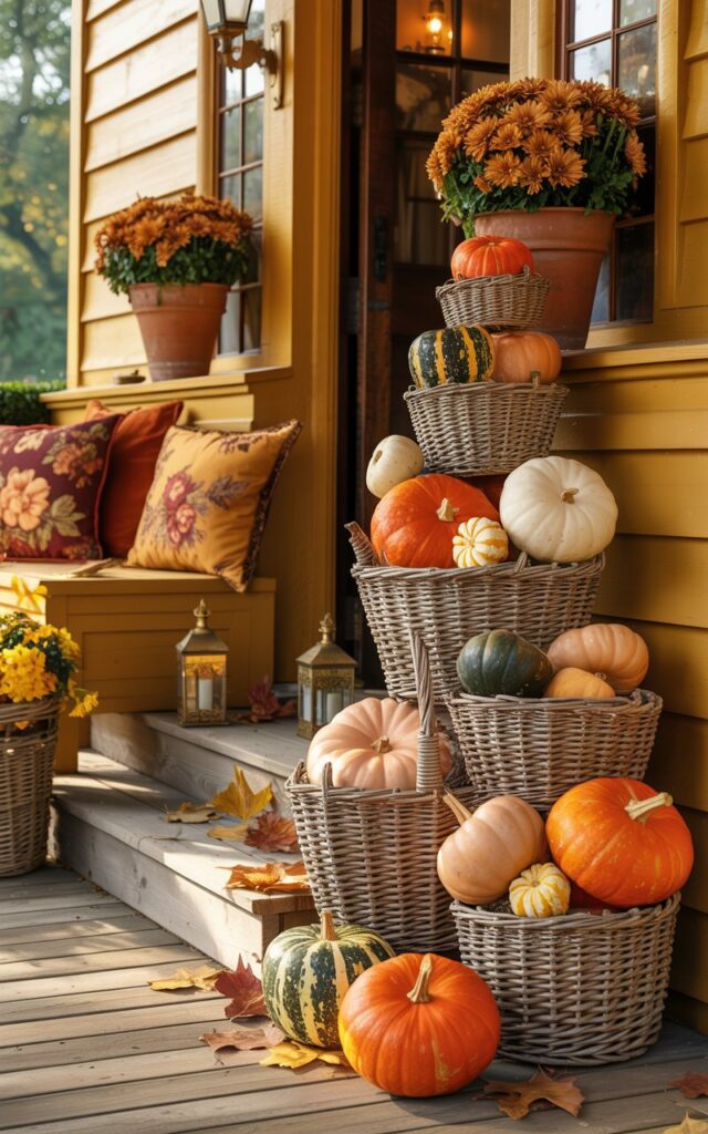 A photograph of a charming English countryside house porch adorned with elaborate fall decorations in warm, inviting tones. The focal point is an elegant pumpkin topiary made from stacked wicker baskets overflowing with pumpkins in shades of deep orange, pale cream, and mottled green, creating a whimsical tower beside the wooden steps. The porch features rich honey-colored wooden planking, a cozy seating nook with vintage floral cushions in burgundy and gold, terracotta pots brimming with bronze and amber chrysanthemums, and antique brass lanterns casting gentle shadows. Soft afternoon sunlight filters through the scene, highlighting the varied textures of woven baskets and smooth pumpkin surfaces, while scattered russet leaves and small decorative gourds add finishing touches to this quintessentially English autumn tableau.