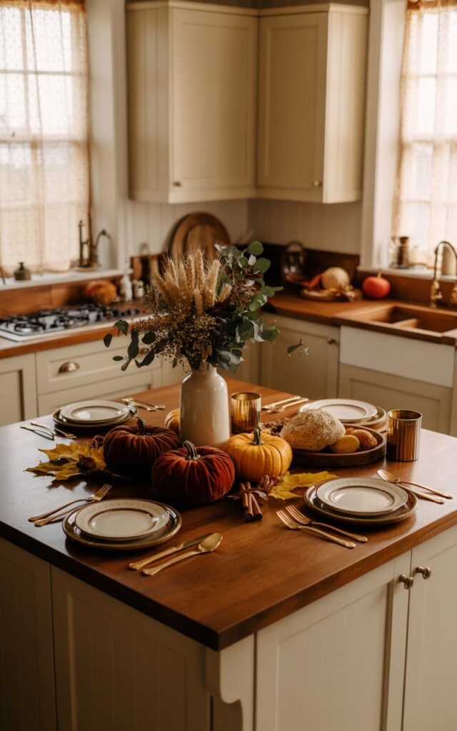 A warm photograph of an English countryside kitchen featuring a beautifully furnished central island as the focal point, captured in an intimate vignette style. The island's wooden countertop is artfully arranged with 2-3 luxurious velvet pumpkins in rich burgundy and amber tones, a cream ceramic vase filled with dried wheat and eucalyptus, scattered golden autumn leaves, and subtle fall accents like small gourds and cinnamon sticks. Around this seasonal centerpiece, elegant place settings with vintage china plates, polished silver cutlery, and serving dishes filled with rustic bread and seasonal fare create an inviting dining scene. The surrounding kitchen showcases cream-colored Shaker-style cabinetry, warm wooden countertops, and antique brass hardware, all bathed in soft, diffused natural light filtering through lace-curtained windows, casting gentle shadows that enhance the cozy, quintessentially English autumn atmosphere.