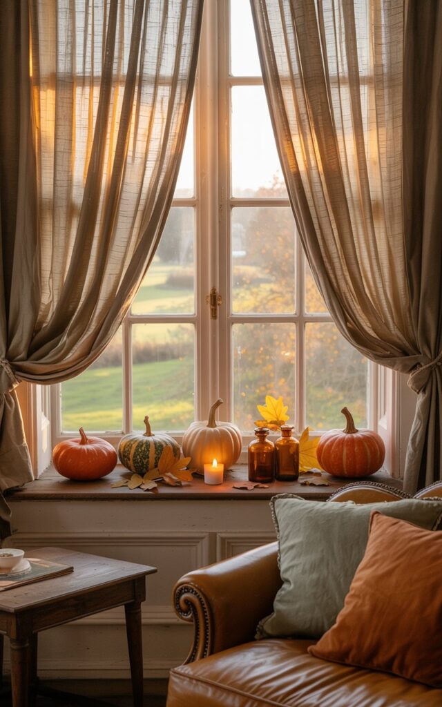 A photograph of a charming English countryside living room centered around an elegant bay window with soft, cream-colored linen curtains that gently frame the glass panels. Along the wide wooden windowsill, a carefully curated display features 3-4 miniature pumpkins in varying shades of deep orange, pale cream, and mottled green, accompanied by small amber glass apothecary bottles, scattered golden oak leaves, and a single flickering tea light candle. Gentle morning sunlight streams through the window, casting warm honey-colored rays across the scene and illuminating the room's vintage furnishings—a well-worn leather armchair, wool throw pillows in sage and rust tones, and weathered oak side tables. The overall atmosphere evokes a peaceful autumn morning in a cozy countryside cottage, with rich earth tones and soft textures creating an inviting, storybook ambiance.