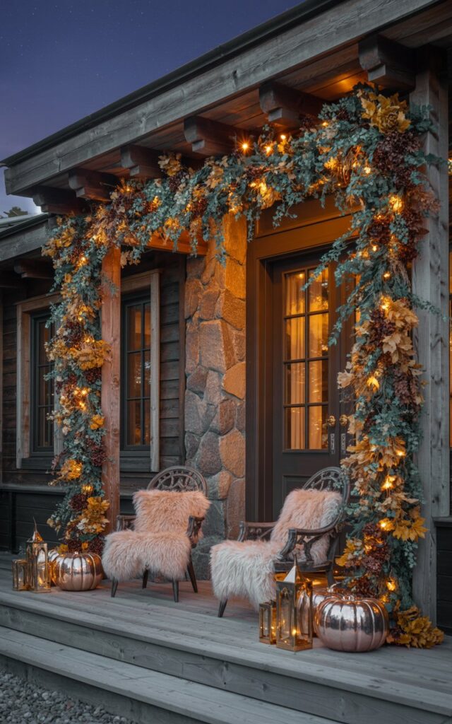 A nighttime photograph of an elegant alpine chic porch decorated for fall, featuring a grand doorway framed by cascading garlands of deep emerald, amber, and burnished gold foliage. Delicate fairy lights weave through the lush greenery, casting a warm honeyed glow that illuminates the rich textures of natural stone columns and weathered cedar beams. Plush seating adorned with cream-colored faux fur throws sits alongside metallic rose-gold pumpkins and ornate brass lanterns positioned on rustic wooden steps. The scene exudes sophisticated mountain luxury under a starlit sky, where the interplay of natural alpine materials and glamorous metallic accents creates an enchanting autumn sanctuary.