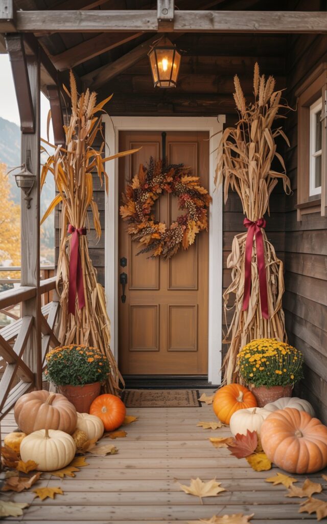 A photograph of an alpine chic-style house porch decorated for autumn, captured from a front-facing view showcasing the welcoming entrance. Tall golden cornstalks flank both sides of the front door, bound with deep crimson ribbons, while a richly textured wreath of burnished oak leaves, amber berries, and dried wheat adorns the door's center. The wooden plank flooring is accented with clusters of orange and cream pumpkins in varying sizes, nestled among scattered maple leaves and small potted mums in earthy terracotta containers. Rustic timber beams frame the porch overhead, complemented by wrought iron lanterns casting a warm glow, while soft natural light filters through the scene creating inviting shadows and highlighting the cozy mountain retreat atmosphere.