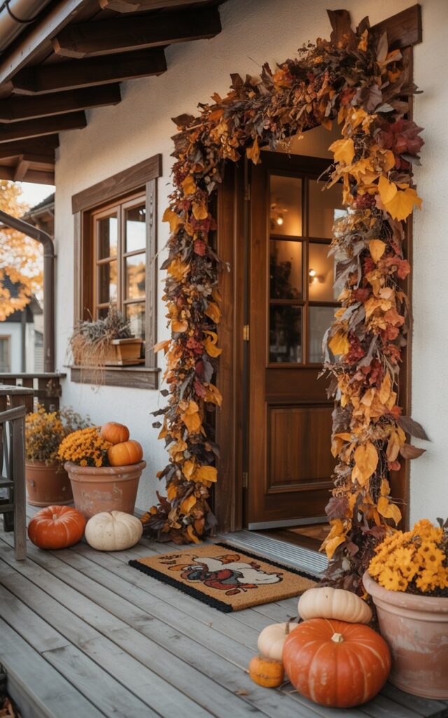 A photograph of an alpine chic-style house porch beautifully decorated for autumn season. The front door frame is elegantly adorned with a lush leafy garland featuring warm autumn tones of deep burnt orange, golden yellow, and rich chestnut brown leaves that cascade naturally around the doorway. The porch showcases rustic timber beams overhead, weathered wooden plank flooring, terracotta pots filled with various sizes of orange and cream pumpkins, and a woven fall doormat with seasonal motifs. Soft natural lighting filters through, creating gentle shadows that highlight the rich textures of the garland and wooden elements, while the overall scene radiates warmth and alpine elegance perfect for the fall season.