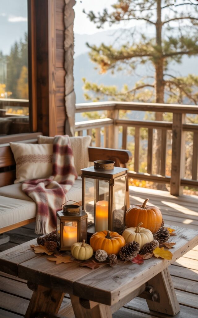 A photograph of an alpine-chic style house porch with rustic wooden railings and natural stone accents, furnished with plush seating and autumn decor. A weathered wooden side table holds 2-3 vintage brass lanterns with flickering LED candles that cast a warm golden glow across the space, surrounded by an artful arrangement of orange and cream pumpkins, scattered pinecones, and dried autumn leaves. A soft plaid throw in burgundy and cream tones is casually draped over a nearby cushioned chair, while the wooden railings frame views of distant pine trees with golden fall foliage. Gentle morning sunlight filters through the scene, highlighting the rich textures of reclaimed wood, natural stone, and the cozy textile elements that create an inviting alpine retreat atmosphere.
