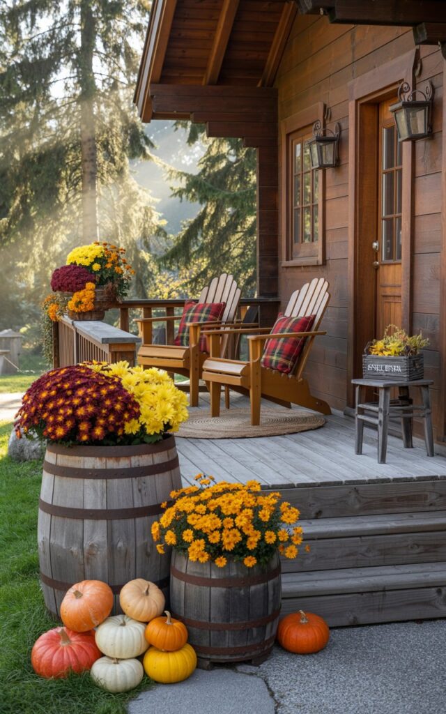 A photograph of an alpine-style chalet with a welcoming front porch adorned in rich autumn decorations. Three weathered wooden barrels of varying heights line the porch steps, overflowing with vibrant chrysanthemums in deep burgundy and golden yellow, bright orange marigolds, and clusters of small decorative pumpkins in cream and orange hues. The porch features cozy Adirondack chairs with red and black plaid cushions, a woven jute rug beneath, and wrought iron lanterns flanking the rustic wooden door. Towering evergreen pines frame the scene while soft morning sunlight filters through the trees, casting warm golden rays across the natural wood siding and illuminating the rich autumn colors.