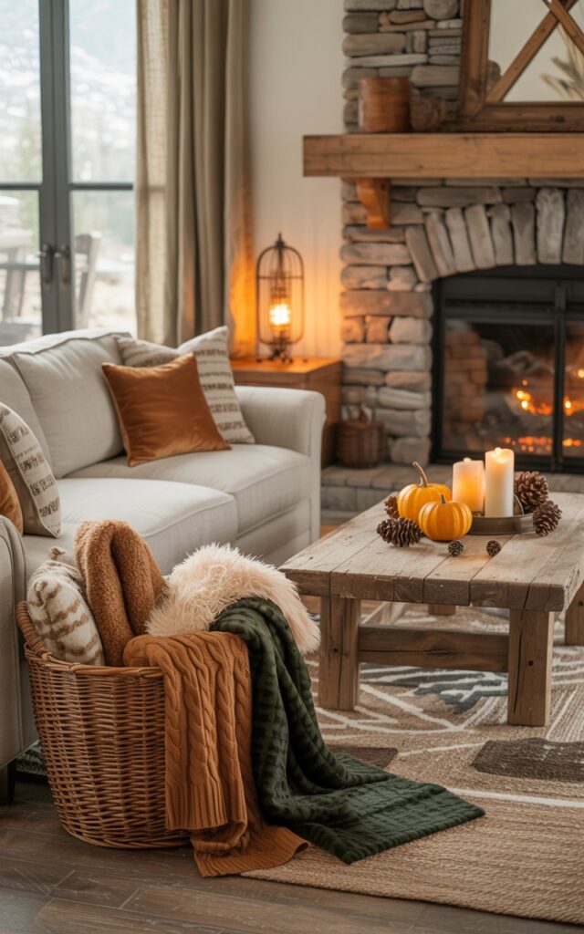 A photograph of an alpine chic living room featuring a plush cream-colored sofa adorned with textured throw pillows in earthy tones. Beside the sofa, a natural wicker basket overflows with cozy blankets in rich textures—chunky cable-knit throws in warm caramel, faux fur in soft ivory, and woolen blankets in deep forest green. The room showcases a magnificent stone fireplace with a rustic wooden mantel, complemented by reclaimed wood beam accents and a large jute area rug with geometric patterns in neutral beiges and grays. Soft amber lighting from wrought iron table lamps illuminates the space, while a weathered wooden coffee table displays small orange pumpkins, flickering pillar candles, and scattered pine cones, with large windows draped in linen curtains allowing gentle natural light to highlight every cozy texture.