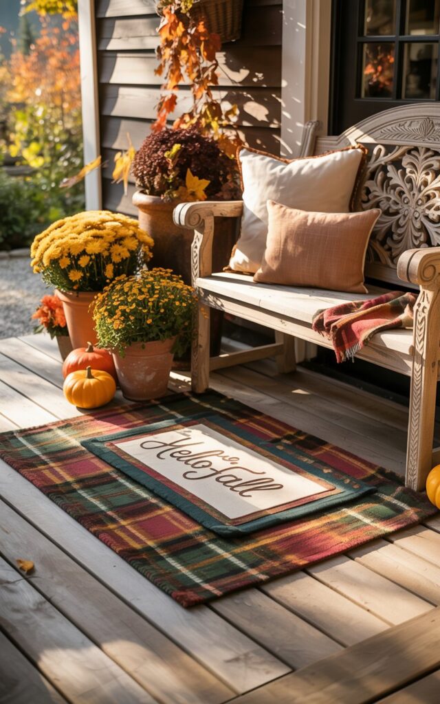A photograph of an elegant alpine-style porch decorated with sophisticated fall elements and warm autumn charm. The front entrance features a carefully layered welcome mat setup with a rich plaid base mat in deep burgundy and forest green, topped with a smaller decorative mat reading "Hello Fall" in elegant script lettering. A rustic carved wooden bench with soft cream and taupe cushions sits alongside terracotta pots filled with vibrant golden mums, miniature orange pumpkins, and cascading autumn foliage in shades of amber and rust. Warm natural sunlight filters through the scene, casting gentle shadows across the weathered wooden porch boards and highlighting the cozy textures of wool, carved wood, and seasonal botanicals.
