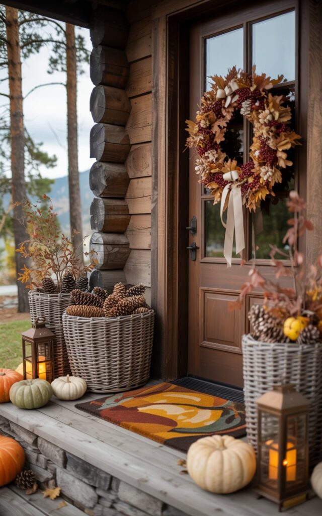 A photograph of an elegant alpine chic house porch adorned with sophisticated fall decorations in warm, earthy tones. Near the rustic wooden door, a large woven basket overflows with natural pinecones, while a textured autumn wreath of dried oak leaves, burgundy berries, and cream-colored ribbons hangs prominently on the entrance. The porch showcases exposed timber beams and natural stone accents, with a fall-themed doormat featuring warm amber and rust patterns positioned perfectly at the threshold. Soft amber lighting illuminates scattered pumpkins in muted sage and ivory tones, vintage brass lanterns, and delicate fall foliage that creates an inviting mountain-lodge atmosphere against the backdrop of towering pine trees.
