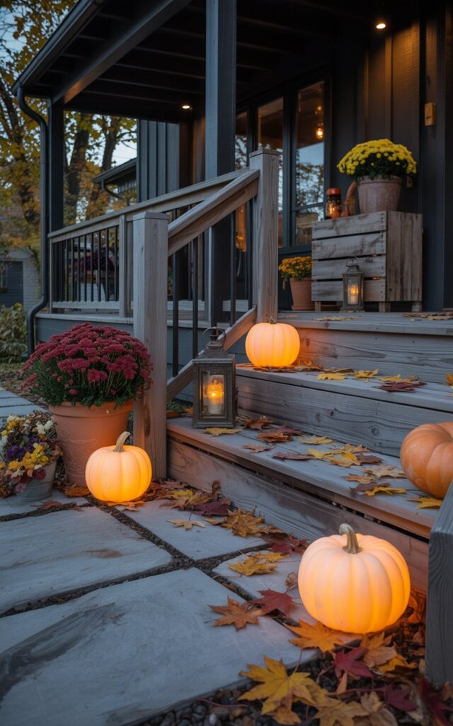 A nighttime photograph of an industrial-rustic style house porch decorated for autumn, featuring weathered reclaimed wood flooring and sleek black metal railings. Four glowing LED pumpkins are strategically placed along the stone walkway, casting warm amber light that highlights the textured surfaces and creates inviting pools of illumination. The porch showcases a curated mix of fall décor including terracotta potted mums in deep burgundy and gold, vintage-style metal lanterns, and natural orange pumpkins arranged on rustic wooden crates. Scattered maple and oak leaves in shades of copper and crimson dot the walkway, while soft porch lighting reveals the beautiful contrast between industrial steel beams and warm wood elements.