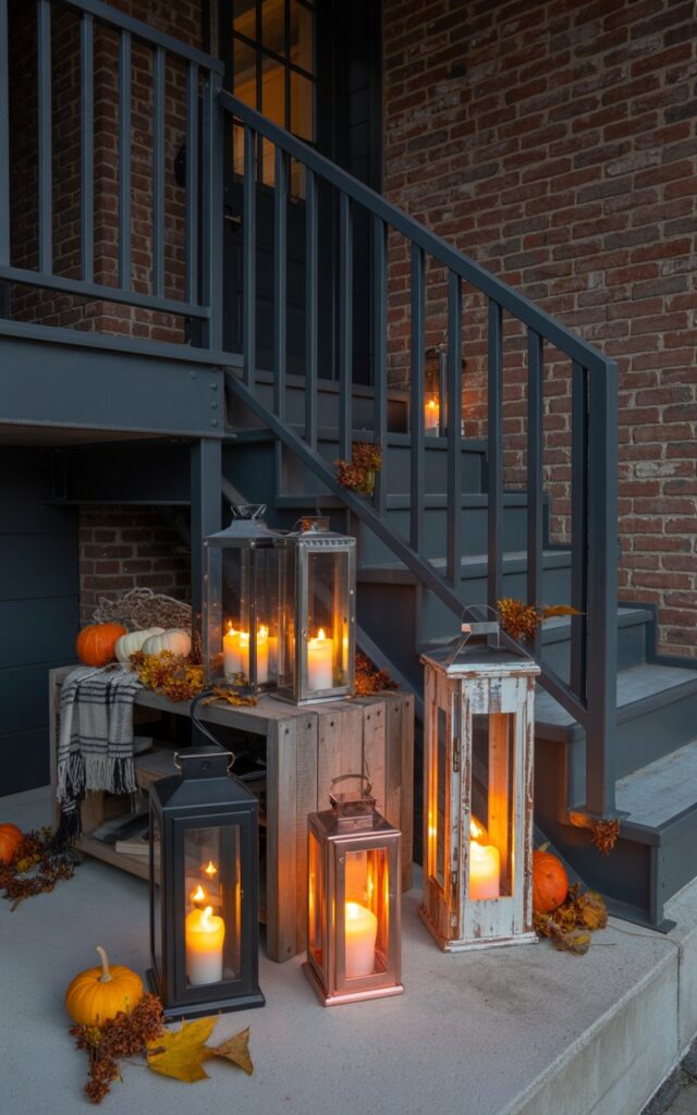 A nighttime photograph of an industrial-style house porch beautifully decorated for autumn, featuring exposed brick walls and matte black steel railings. A carefully arranged grouping of 2-3 lanterns in varying heights—crafted from black metal, weathered copper, and distressed reclaimed wood—casts warm, flickering candlelight across concrete steps and metal accents. The raw industrial materials are softened by scattered small orange pumpkins, dried amber leaves, and a cozy plaid throw draped over reclaimed wood furniture. The dancing flames reflect off the polished metal surfaces, creating a moody interplay of warm golden light and deep shadows that transforms the stark architecture into an inviting, modern-yet-cozy autumn retreat.