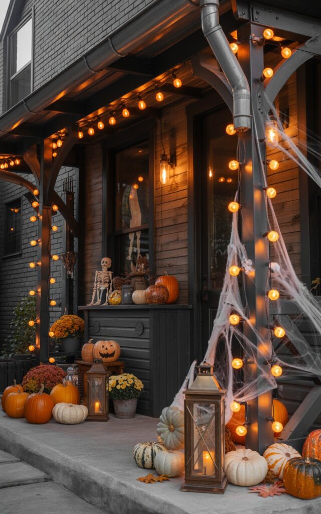 A nighttime photograph of an industrial-style house porch decorated for fall and Halloween, featuring exposed steel beams and reclaimed wood planking. Orange string lights are artfully wrapped around black metal railings and support posts, casting a warm amber glow that illuminates carved jack-o'-lanterns, vintage brass lanterns, and clusters of orange and white pumpkins scattered across the concrete floor. Delicate faux spiderwebs drape from the corners of the metal framework, while small skeleton figures peek out from behind potted mums and autumn foliage. The industrial elements—weathered steel, exposed brick, and Edison bulb fixtures—create a perfect contrast to the seasonal decorations, generating a cozy yet mysteriously atmospheric scene that balances urban sophistication with Halloween charm.