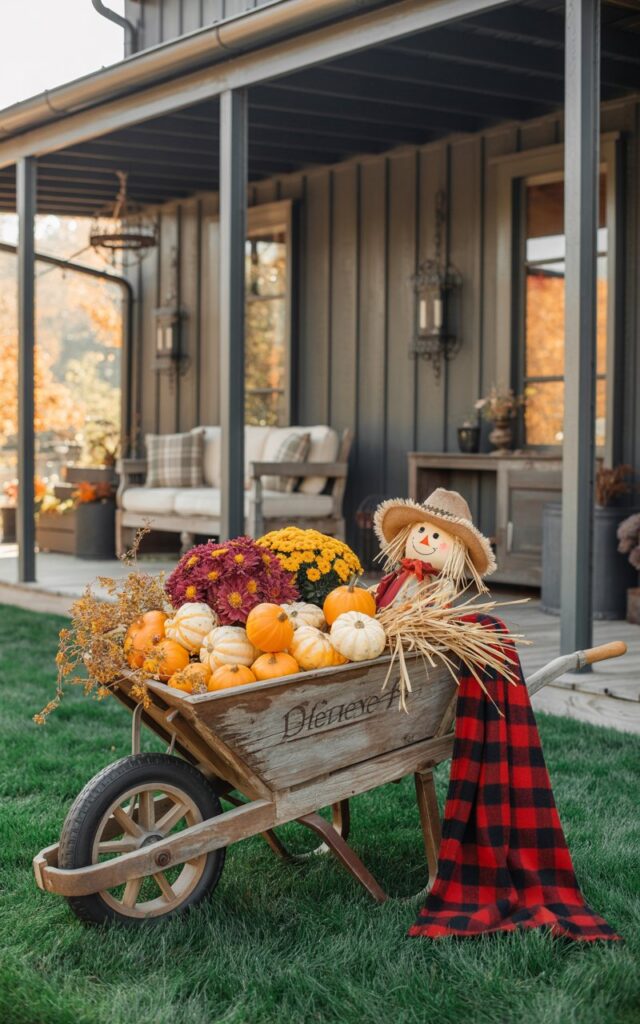 A photograph of an industrial-style house porch decorated for autumn, featuring an antique wooden wheelbarrow positioned prominently on the emerald green lawn. The weathered wheelbarrow overflows with vibrant orange and cream gourds, burgundy and golden yellow mums, and wisps of golden straw, while a red and black plaid blanket drapes casually over one side and a charming miniature scarecrow with a burlap hat peeks out from the colorful display. The porch behind showcases a perfect blend of raw steel beams, reclaimed barn wood furniture, hanging wrought iron lanterns, and plush seating with neutral cushions. Soft morning sunlight filters through the scene, casting warm amber highlights that accentuate the contrast between industrial metal textures and cozy autumn elements.