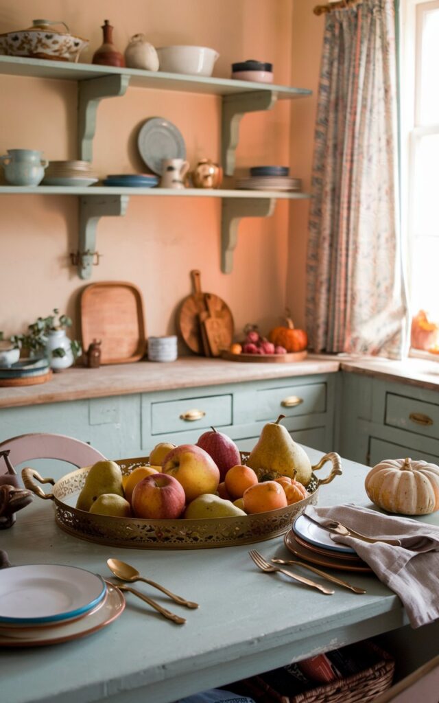 A photo of a cottagecore style kitchen with a soft pastel color scheme, open wooden shelves, vintage crockery, and warm natural lighting streaming through a curtained window. A designer brass tray is placed on a cozy kitchen island. The tray is filled with seasonal fruits like apples, pears, and small pumpkins. Surrounding the tray are cutlery, a linen napkin, and a loaf of fresh bread. The brass tray glows softly amid the rustic surroundings, creating a nostalgic, homely, and richly detailed autumn atmosphere.