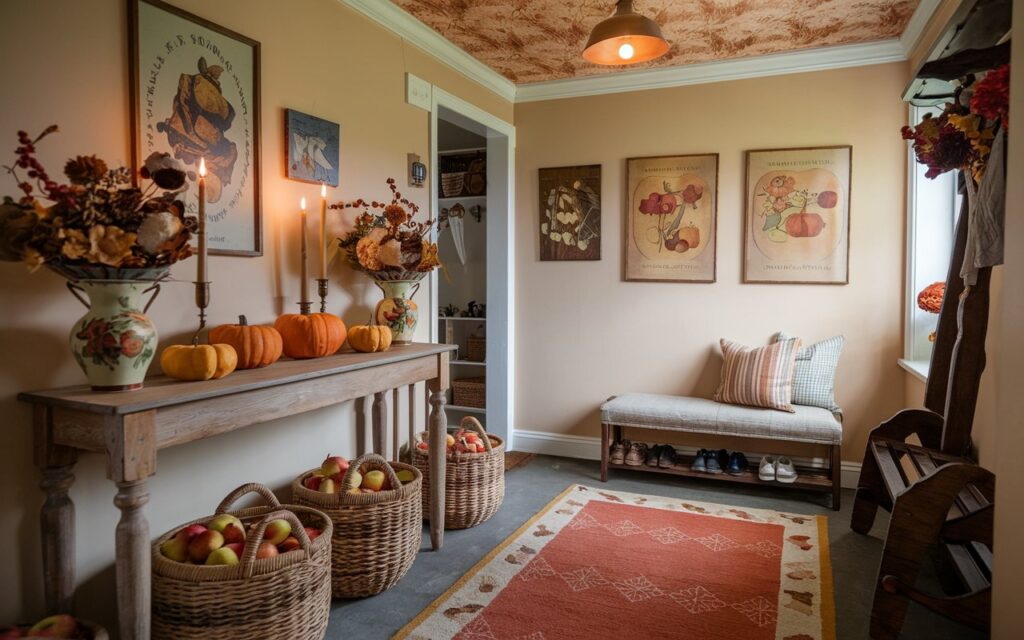 A photo of a charming farmhouse with a cottagecore style hallway decorated for the fall season. There's a console table with 2-3 small pumpkins, vintage candles, and dried flower arrangements in painted flower vases. The walls display 2-3 fall-themed vintage prints. There are 2-3 woven baskets filled with apples resting on the floor beside a cozy bench and a wooden shoe rack. The ceiling is wallpapered and has a warm pendant light above. There's a floor rug with autumn hues of rust, mustard, and cream. The atmosphere is welcoming, nostalgic, and detailed.