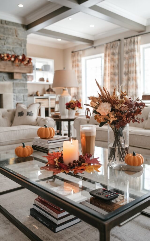 A photo of a mid-shot view of a glass-top coffee table in a living room with an English countryside style. The table is set with a few faux autumn leaves around a lit candle, a glass of pumpkin latte, a remote, a flower vase with dried flowers, 2-3 small pumpkin figurines, and stacked books. The room has a false ceiling, a stone fireplace, a sofa set, and soft natural light. The scene feels inviting, layered, and detailed, blending rustic textures with countryside for a perfect autumn atmosphere.
