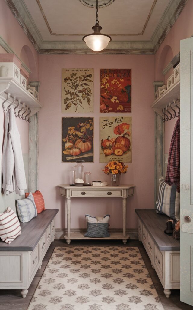 A photo of an entryway with a vintage aesthetic, featuring a console table. Above the console table, there are two to three autumn-themed vintage prints. The prints are old botanical sketches, harvest scenes, or retro fall posters. The entryway has a bench, hooks, a ceiling with a pendant light, and a patterned floor rug. The interior style is shabby chic with European influences. The soft pastel tones and distressed wood accents contribute to the vintage look. The natural light is soft and ambient.