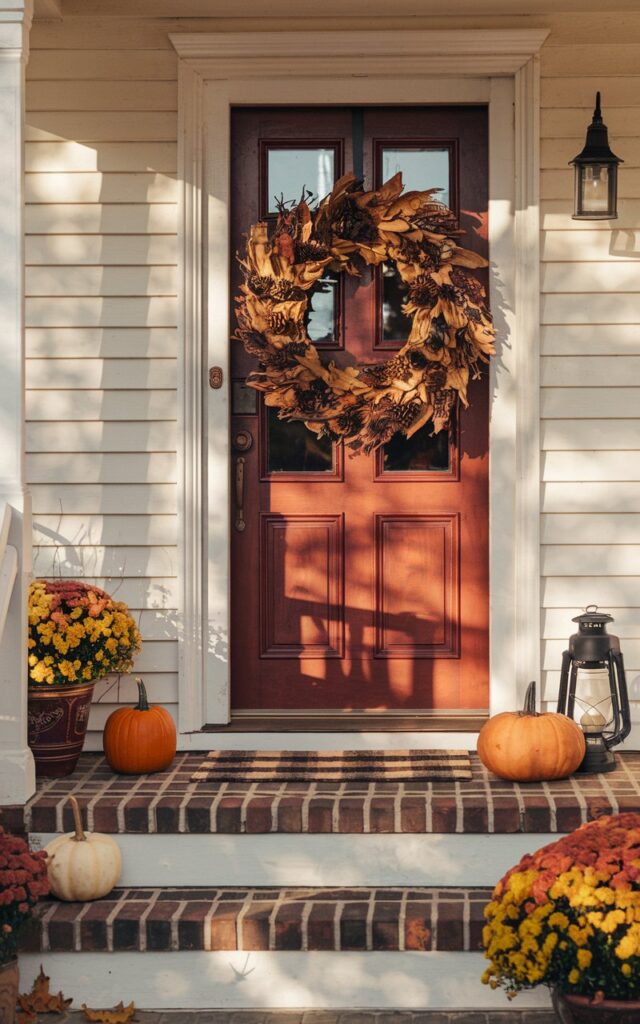 A photo of the front porch of a classic Americana-style house decorated for fall. A large rustic wreath made of dried leaves, small pinecones, and twine hangs on a red wooden front door. Warm sunlight casts gentle shadows across the white siding and brick steps. Cozy autumn accents like a plaid doormat, 1-2 pumpkins on the steps, and a vintage lantern nearby. The scene evokes a welcoming, nostalgic, and cozy fall atmosphere, highly detailed, realistic, and warm-toned.